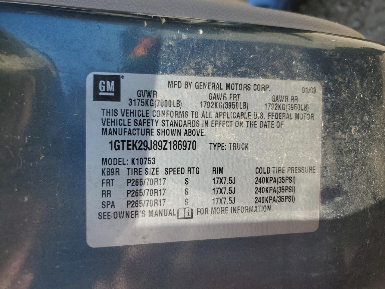 1GTEK29J89Z186970 2009 GMC Sierra K1500 Sle