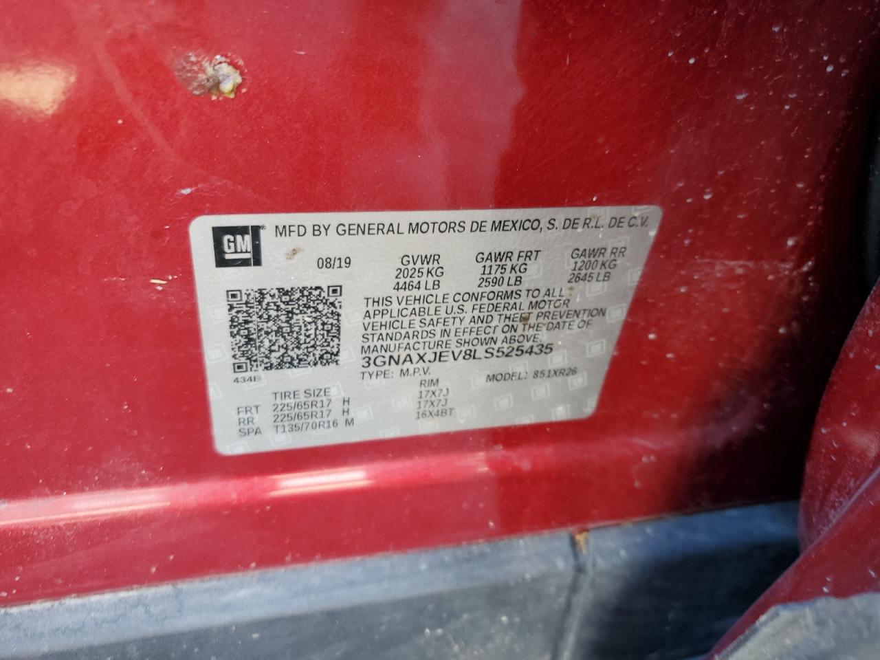 3GNAXJEV8LS525435 2020 Chevrolet Equinox Lt