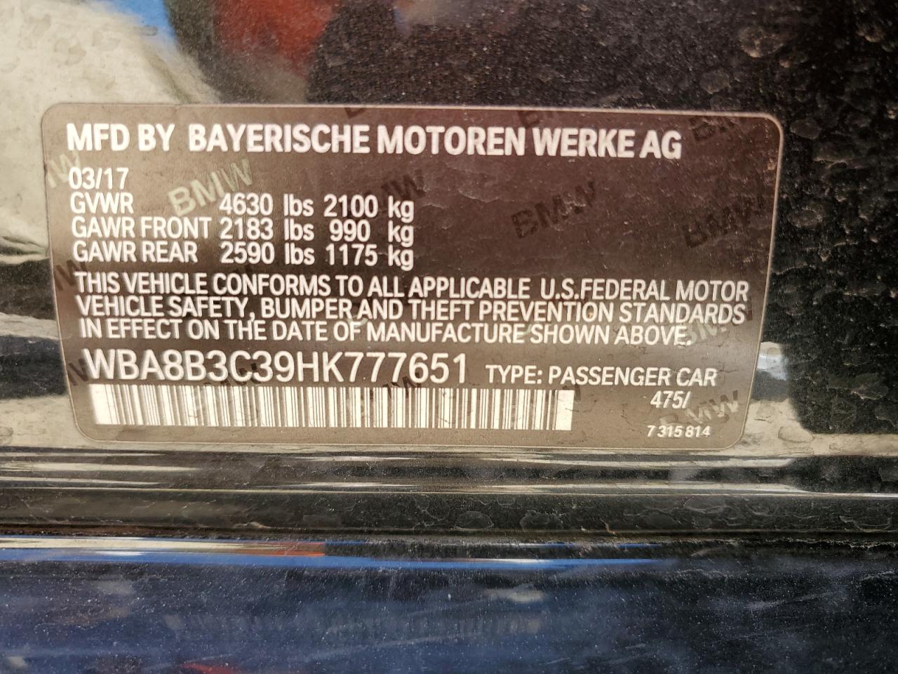 WBA8B3C39HK777651 2017 BMW 340 I