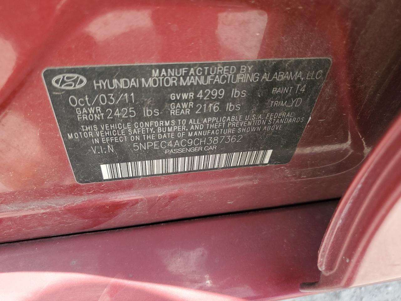 5NPEC4AC9CH387362 2012 Hyundai Sonata Se
