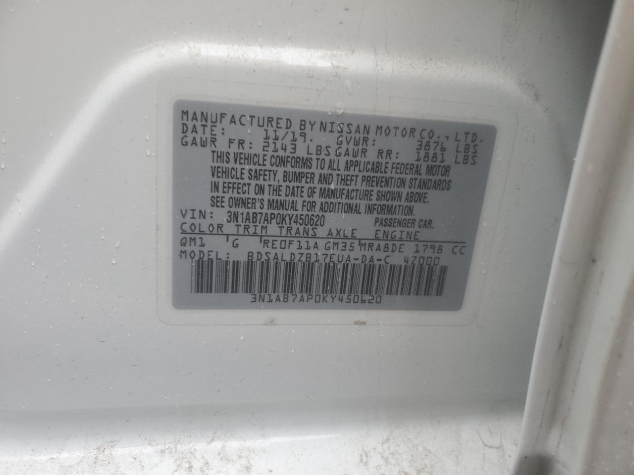 3N1AB7AP0KY450620 2019 Nissan Sentra S