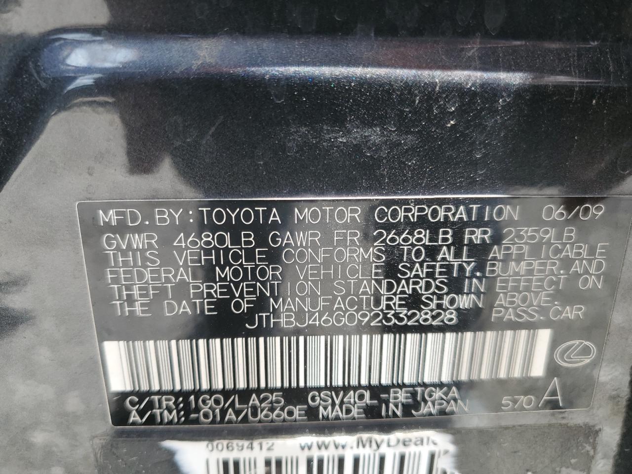 JTHBJ46G092332828 2009 Lexus Es 350