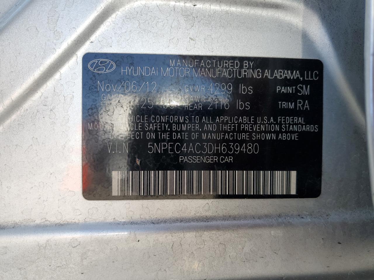 5NPEC4AC3DH639480 2013 Hyundai Sonata Se