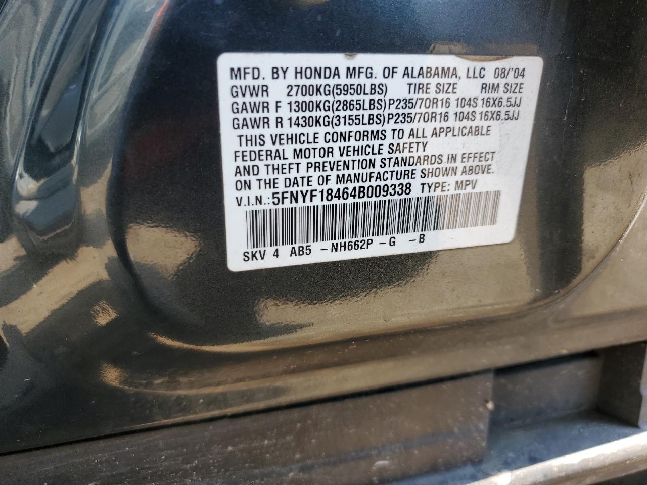 5FNYF18464B009338 2004 Honda Pilot Ex