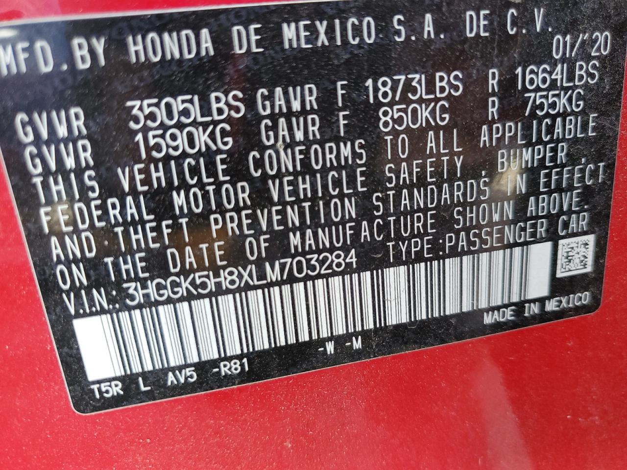 3HGGK5H8XLM703284 2020 Honda Fit Ex