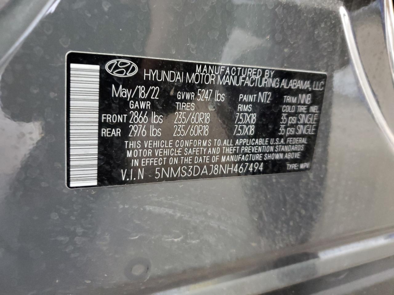 5NMS3DAJ8NH467494 2022 Hyundai Santa Fe Sel