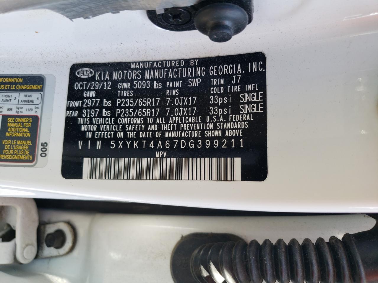 5XYKT4A67DG399211 2013 Kia Sorento Lx