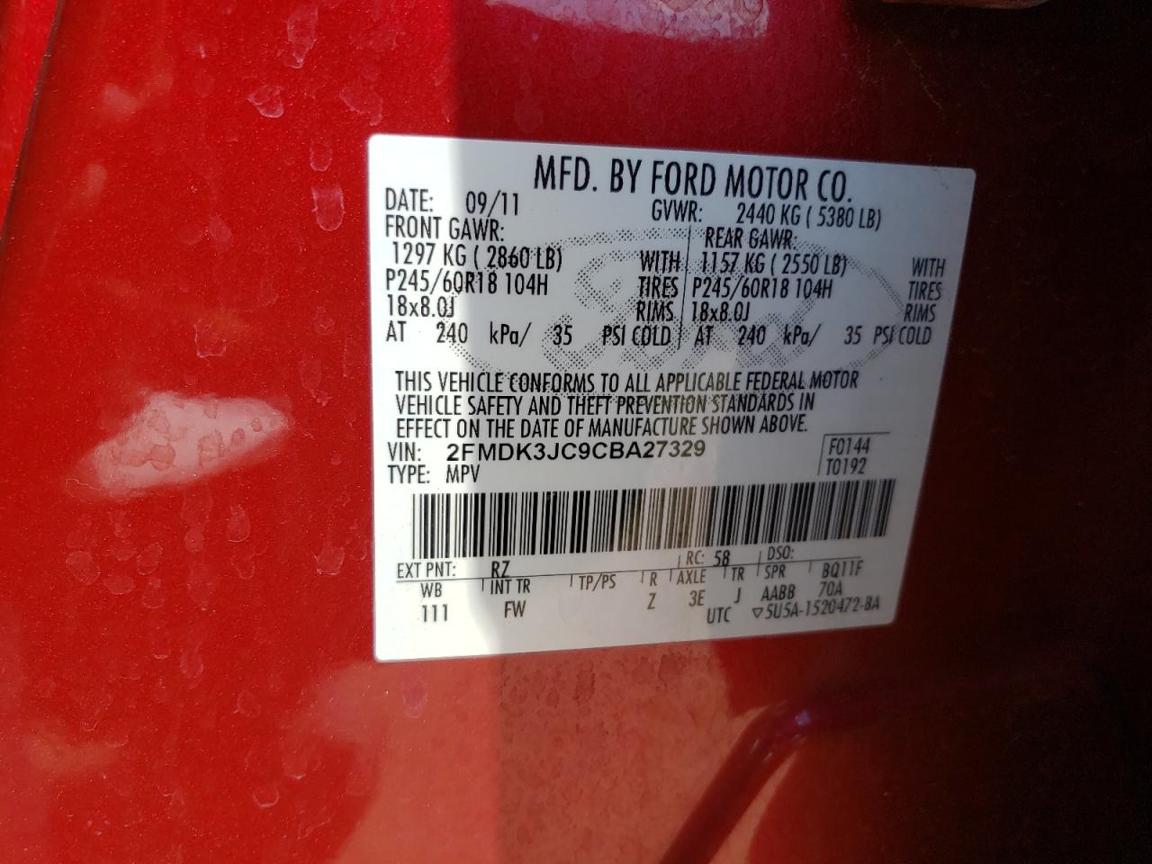 2FMDK3JC9CBA27329 2012 Ford Edge Sel