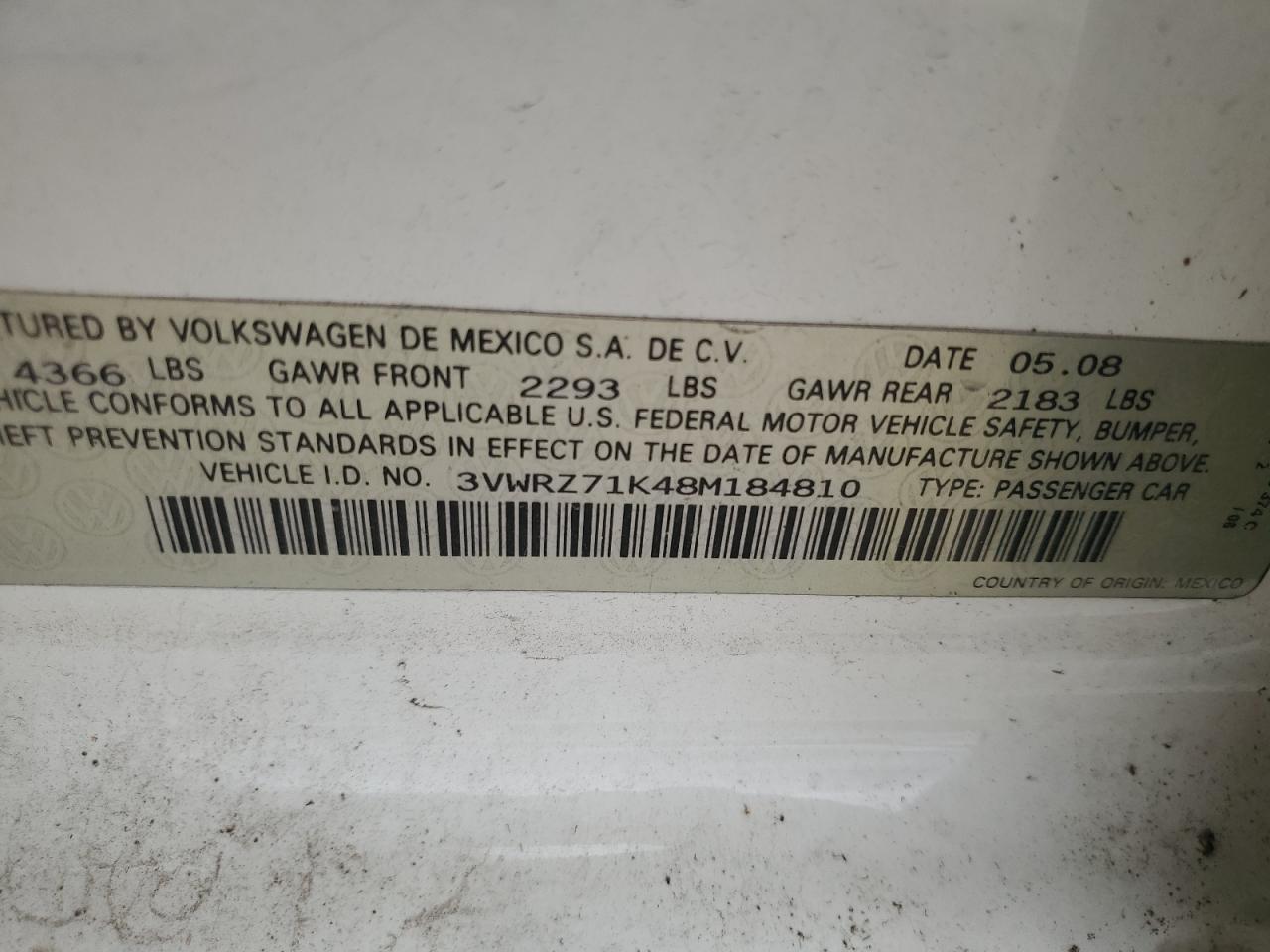 3VWRZ71K48M184810 2008 Volkswagen Jetta Se