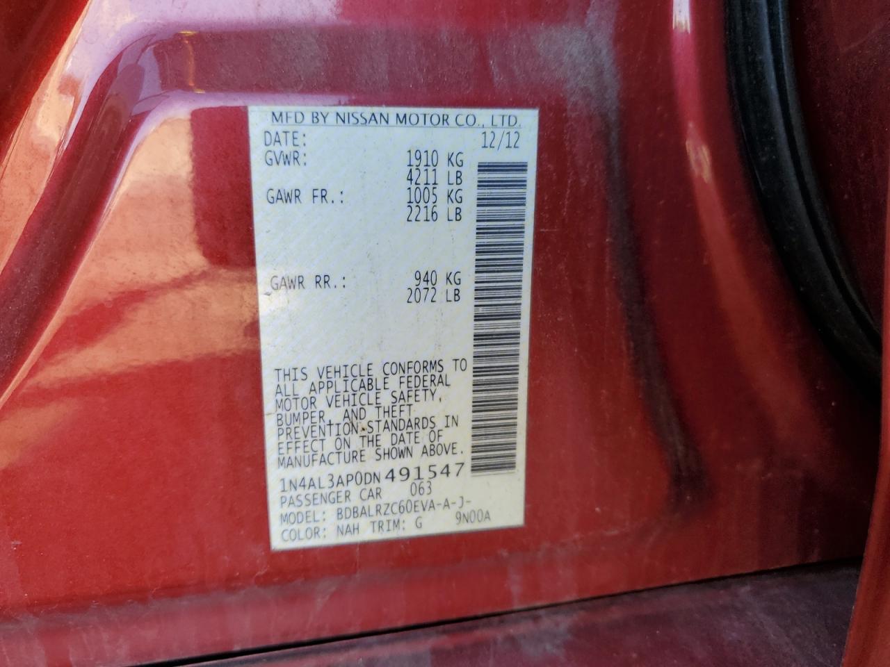 2013 Nissan Altima 2.5 vin: 1N4AL3AP0DN491547