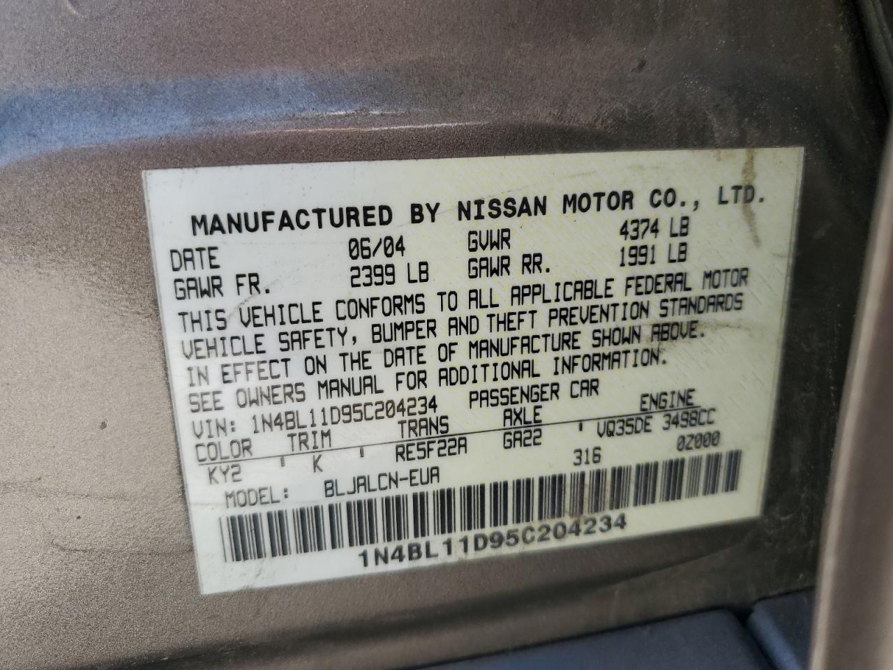 1N4BL11D95C204234 2005 Nissan Altima Se