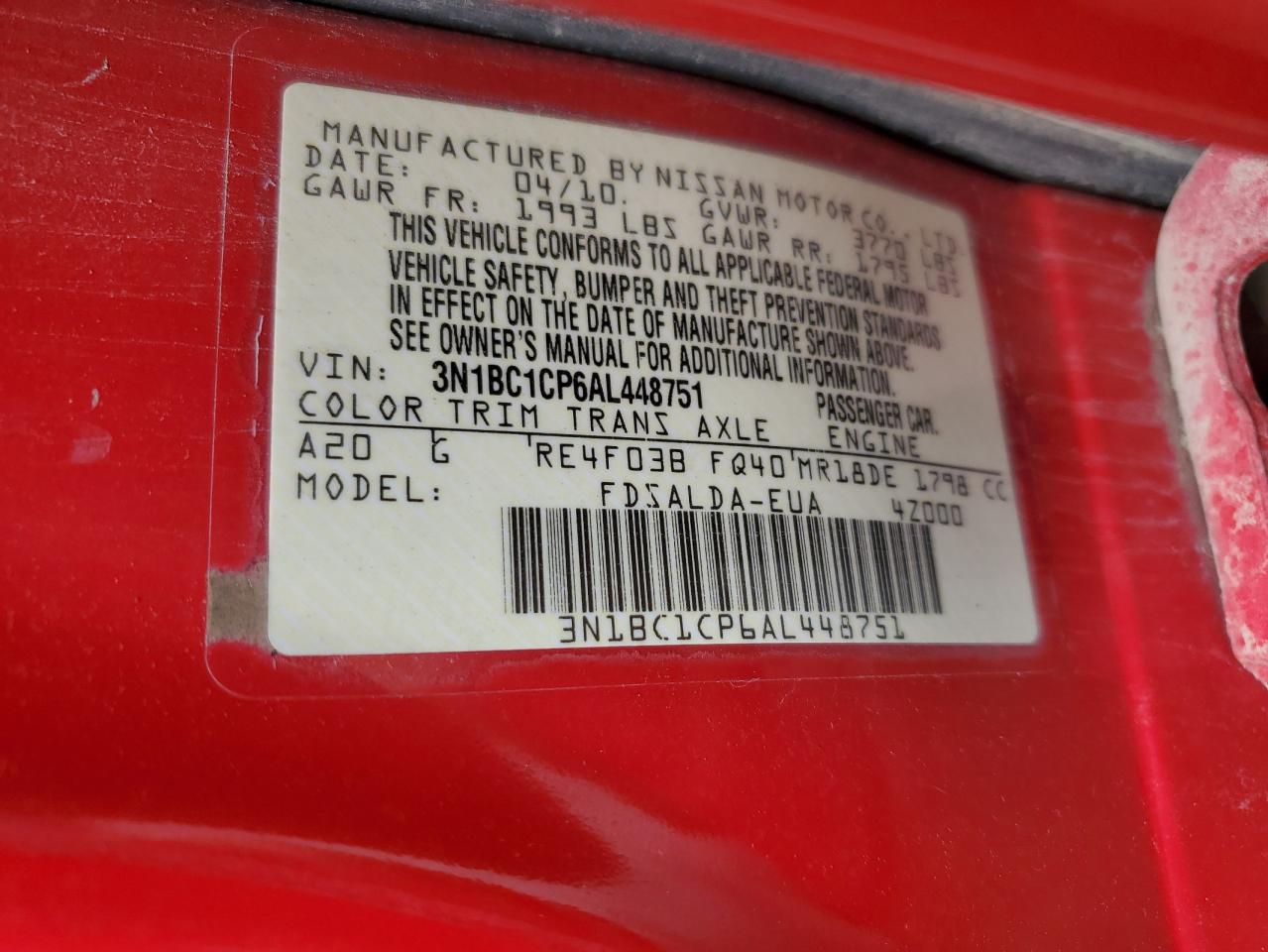 3N1BC1CP6AL448751 2010 Nissan Versa S