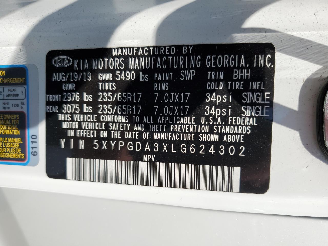 5XYPGDA3XLG624302 2020 Kia Sorento L