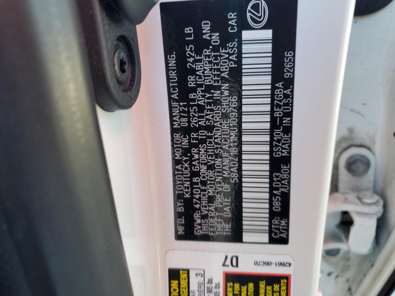 58ADZ1B11MU109766 2021 Lexus Es 350 Base