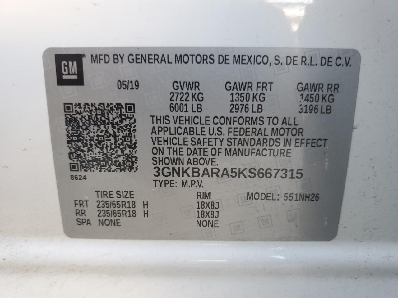 3GNKBARA5KS667315 2019 Chevrolet Blazer L