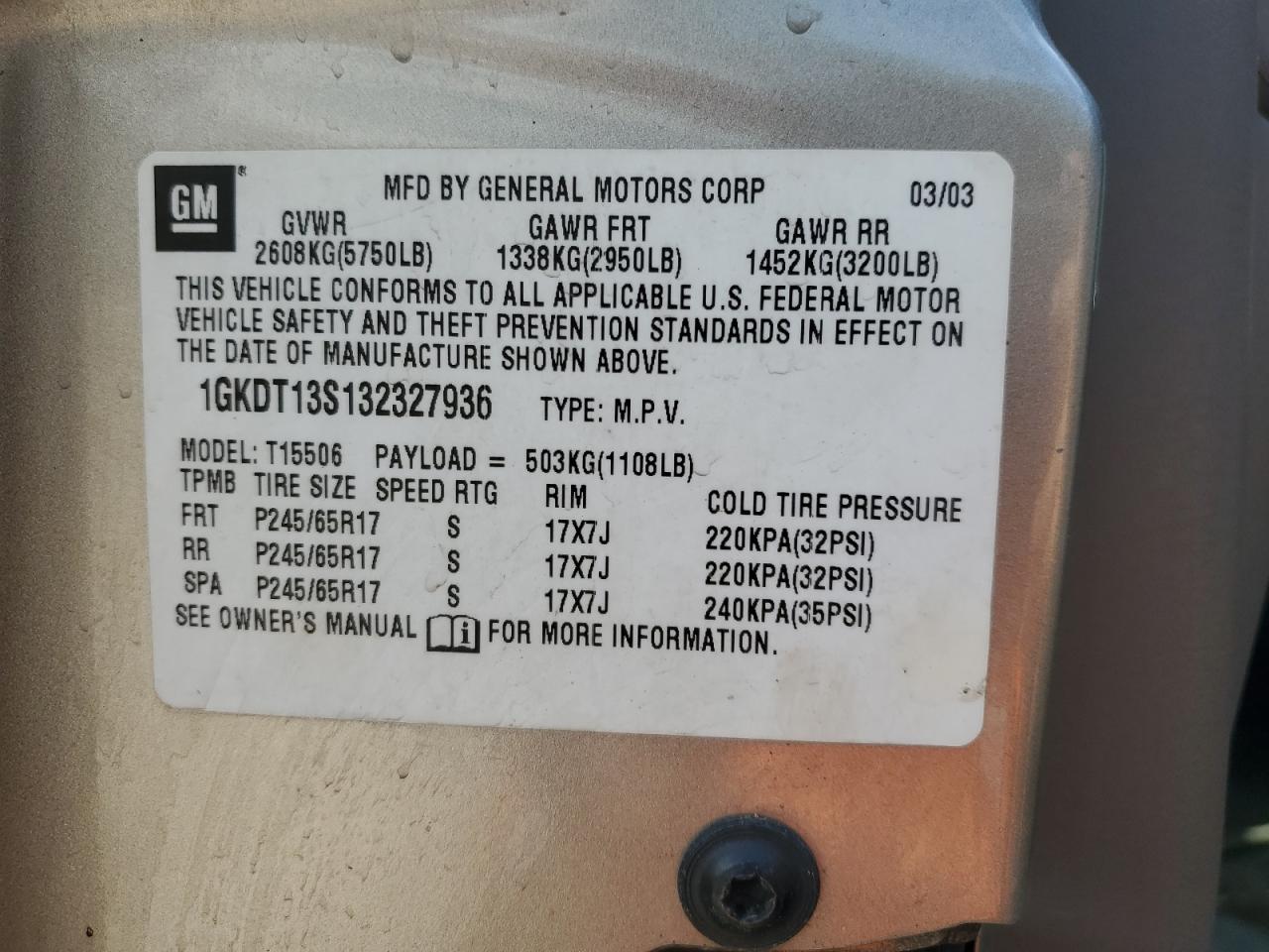 1GKDT13S132327936 2003 GMC Envoy