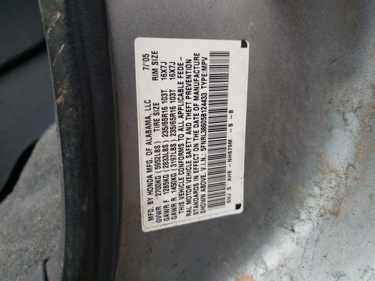 5FNRL38605B124433 2005 Honda Odyssey Exl