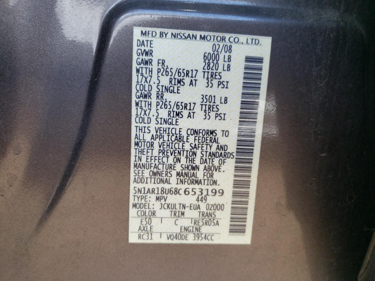 5N1AR18U68C653199 2008 Nissan Pathfinder S