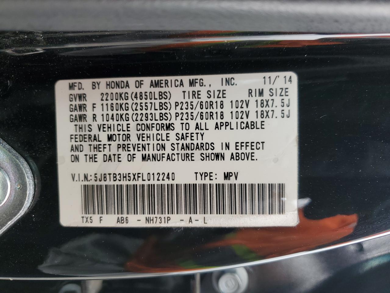 5J8TB3H5XFL012240 2015 Acura Rdx Technology