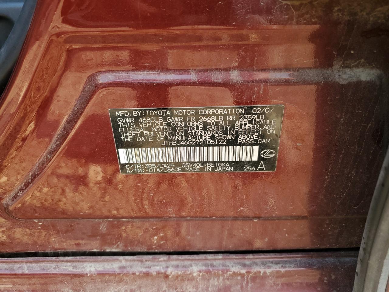 JTHBJ46G272105122 2007 Lexus Es 350