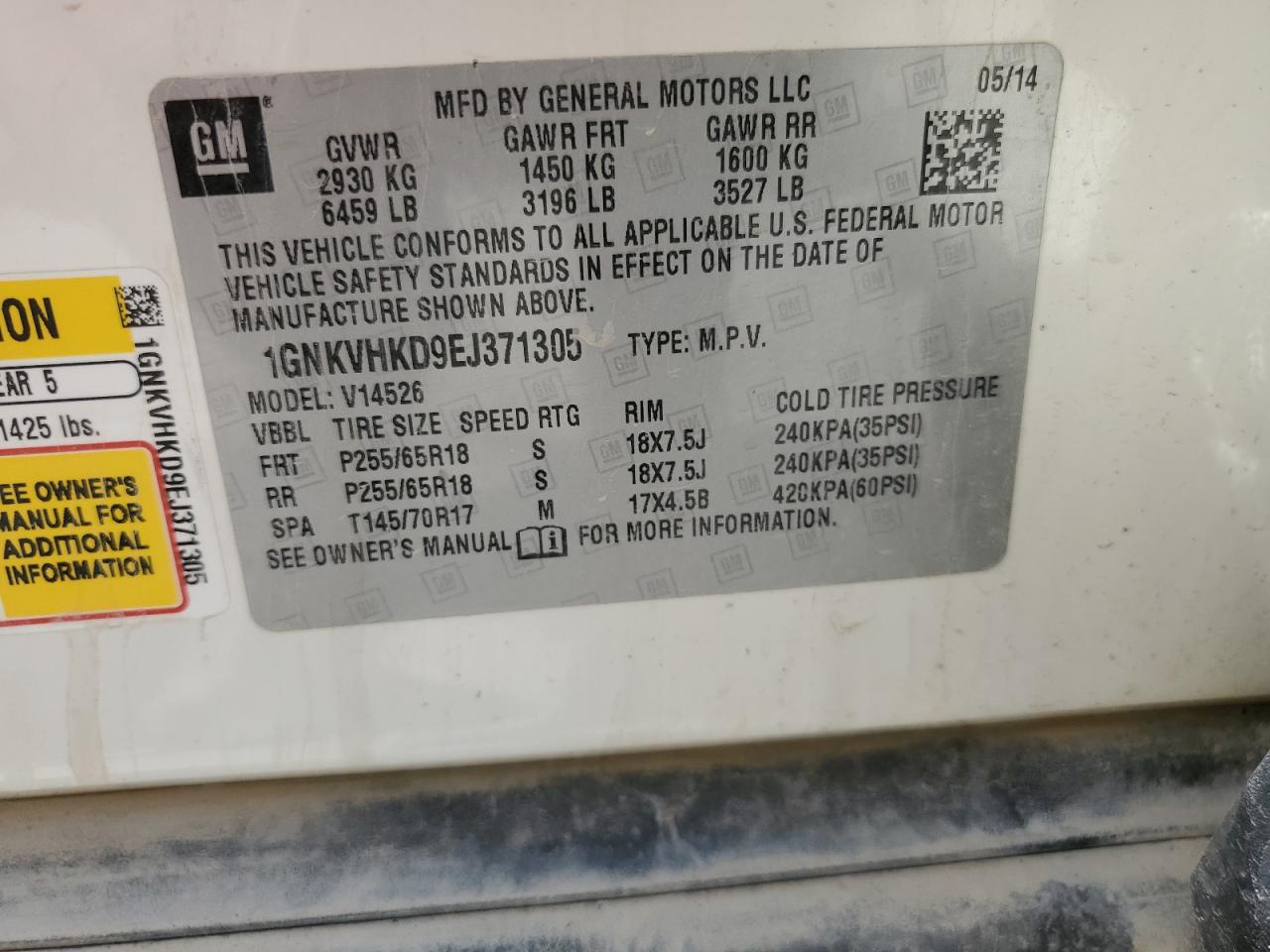 1GNKVHKD9EJ371305 2014 Chevrolet Traverse Lt