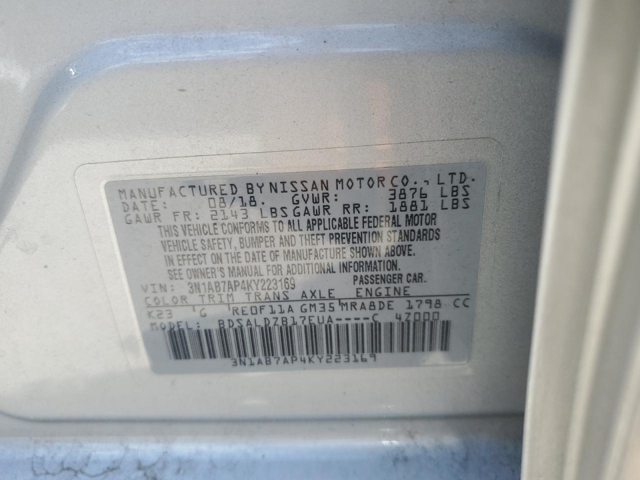 3N1AB7AP4KY223169 2019 Nissan Sentra S