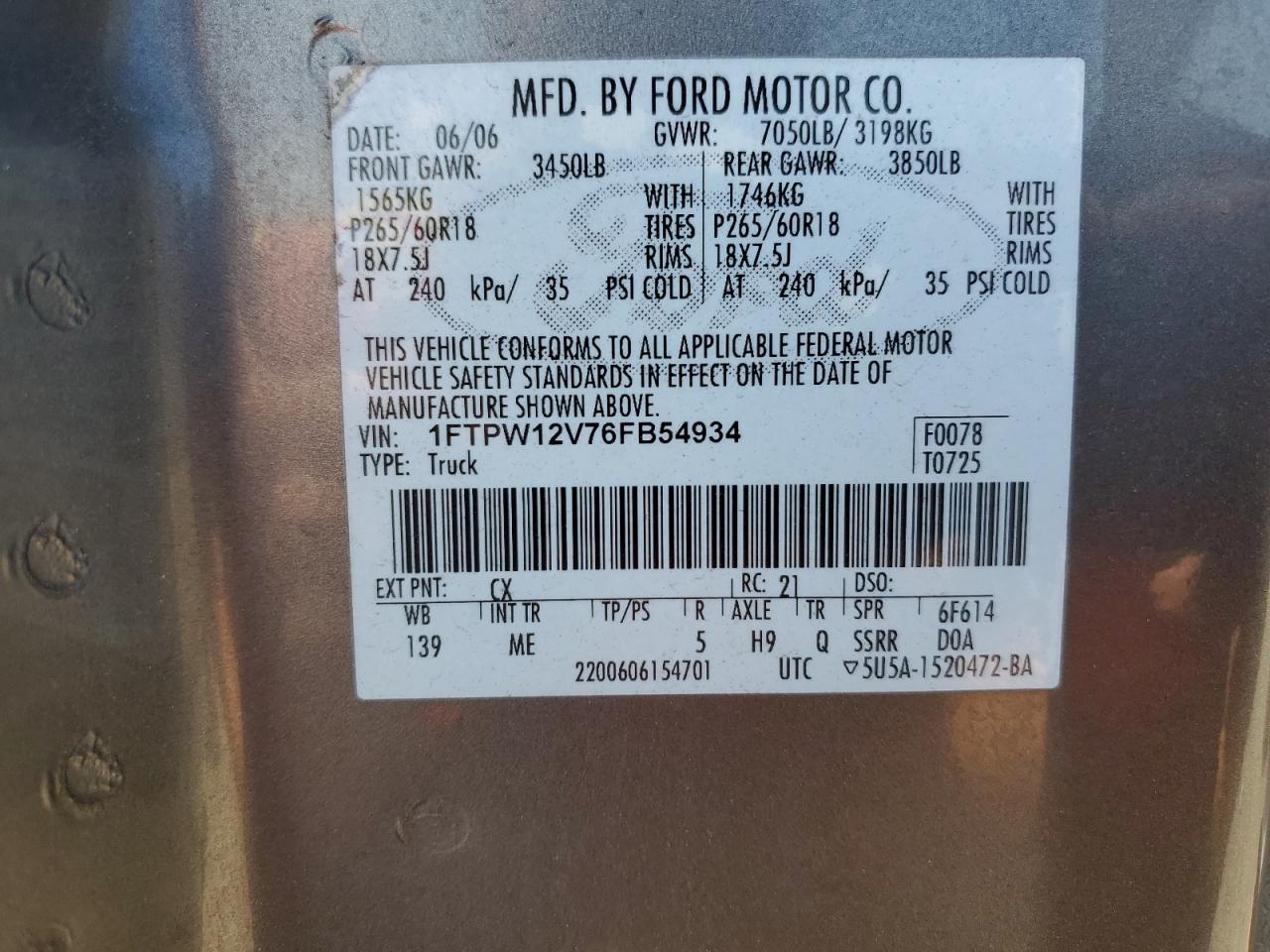 1FTPW12V76FB54934 2006 Ford F150 Supercrew