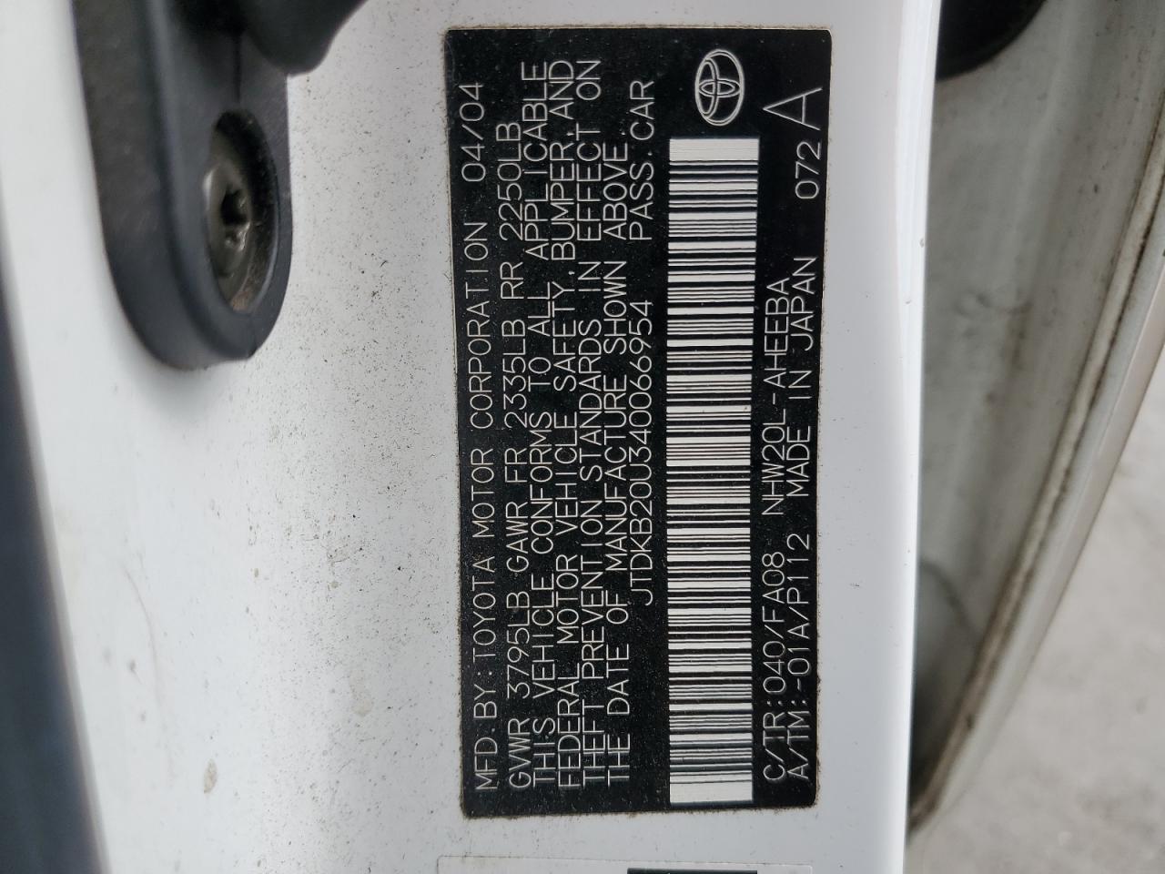 JTDKB20U340066954 2004 Toyota Prius