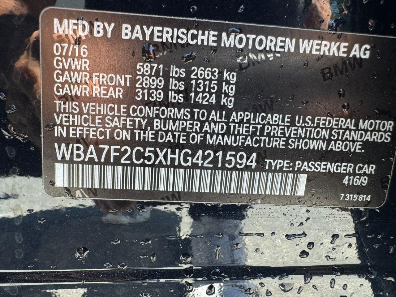 WBA7F2C5XHG421594 2017 BMW 750 Xi