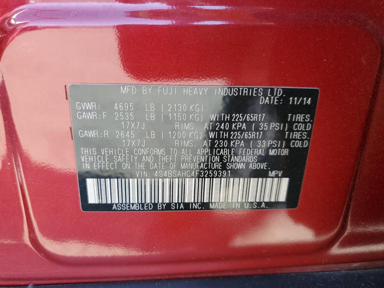 4S4BSAHC4F3259391 2015 Subaru Outback 2.5I Premium