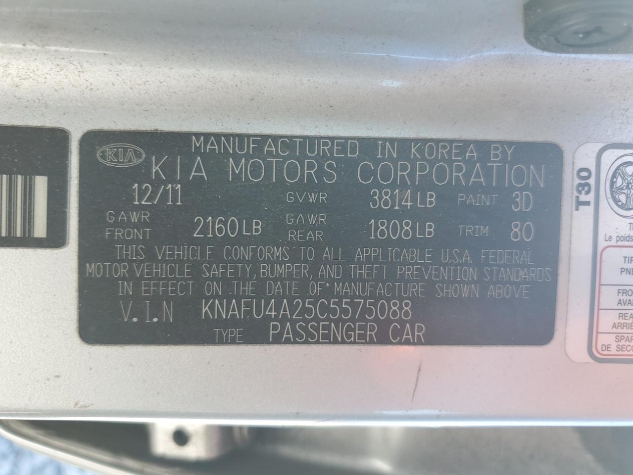 KNAFU4A25C5575088 2012 Kia Forte Ex