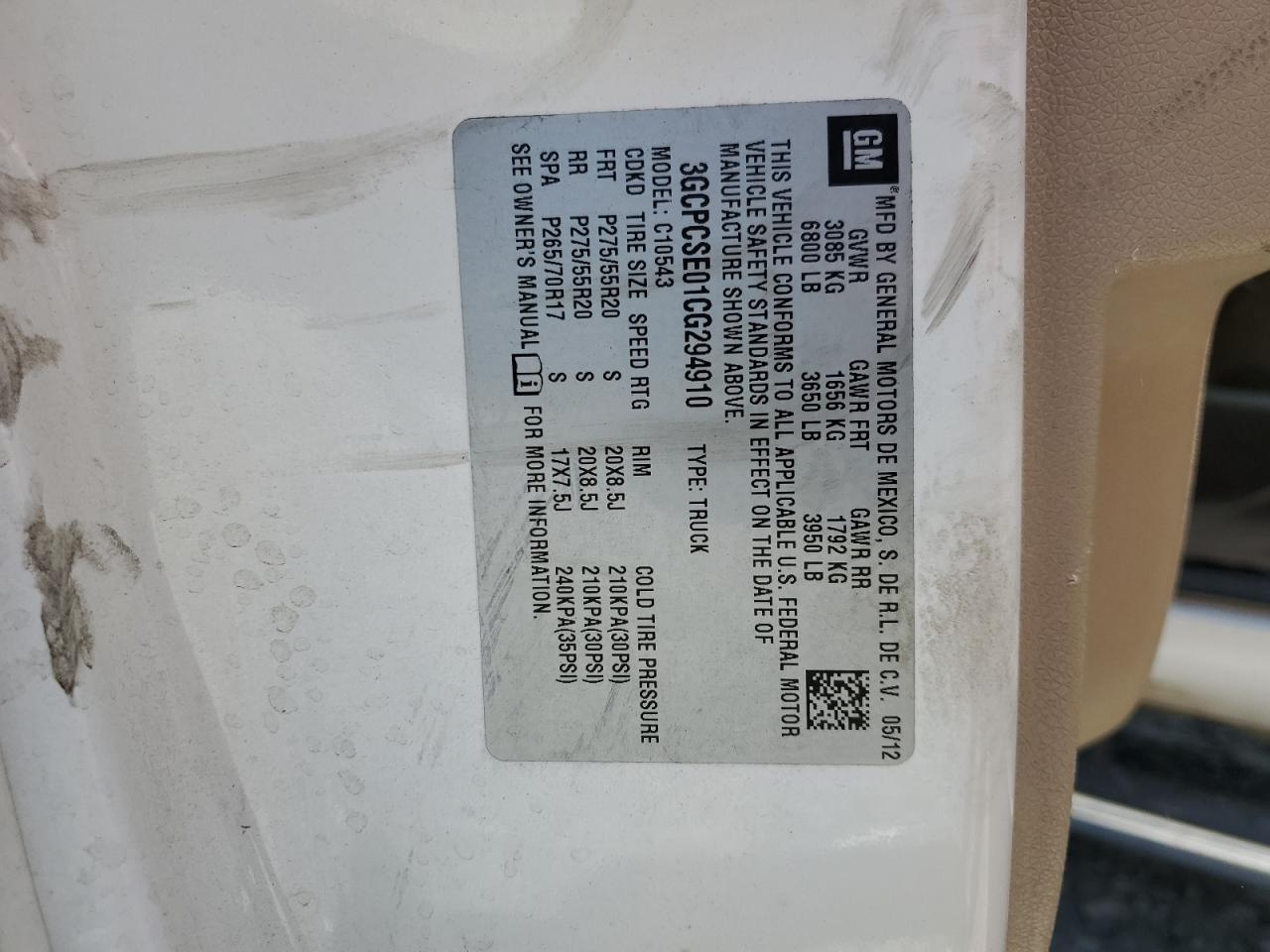 3GCPCSE01CG294910 2012 Chevrolet Silverado C1500 Lt