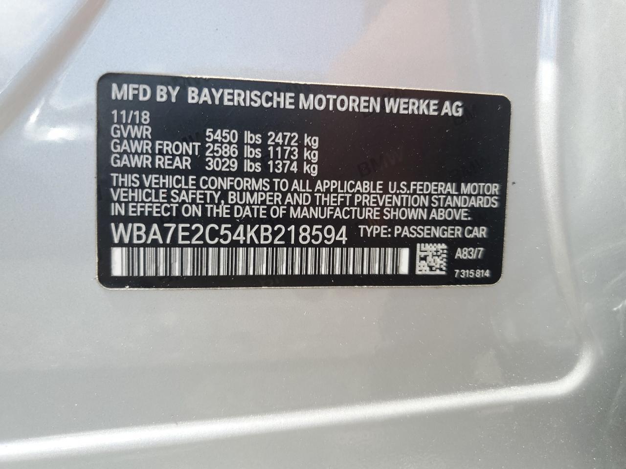 WBA7E2C54KB218594 2019 BMW 740 I