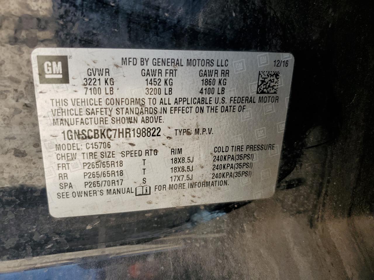 1GNSCBKC7HR198822 2017 Chevrolet Tahoe C1500 Lt