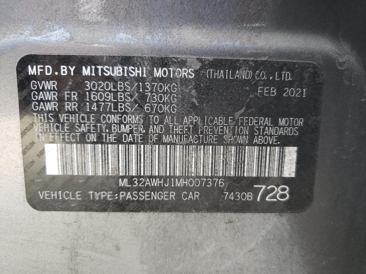 ML32AWHJ1MH007376 2021 Mitsubishi Mirage Se