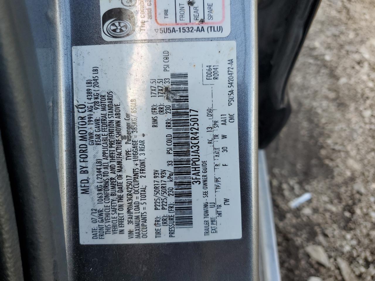 3FAHP0JA3CR425017 2012 Ford Fusion Sel