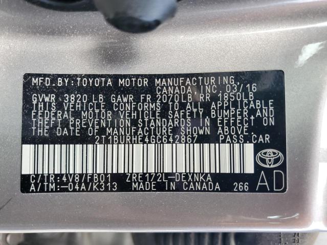 2016 Toyota Corolla L VIN: 2T1BURHE4GC642867 Lot: 57108114