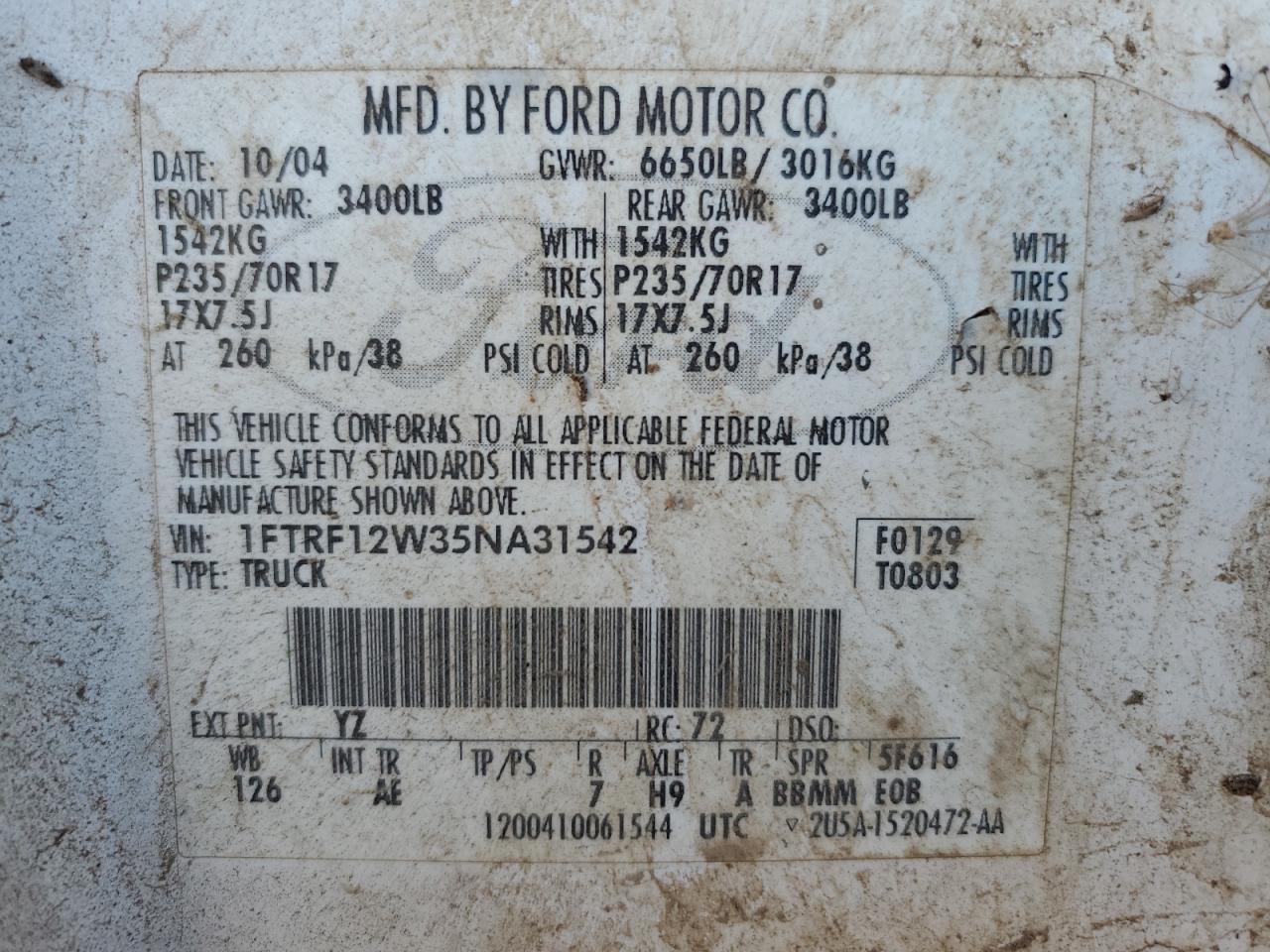 1FTRF12W35NA31542 2005 Ford F150