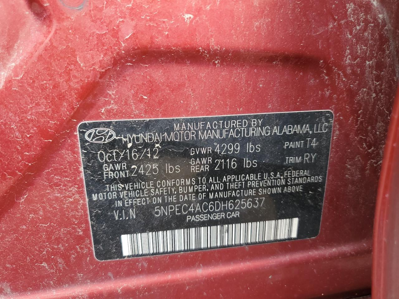 5NPEC4AC6DH625637 2013 Hyundai Sonata Se