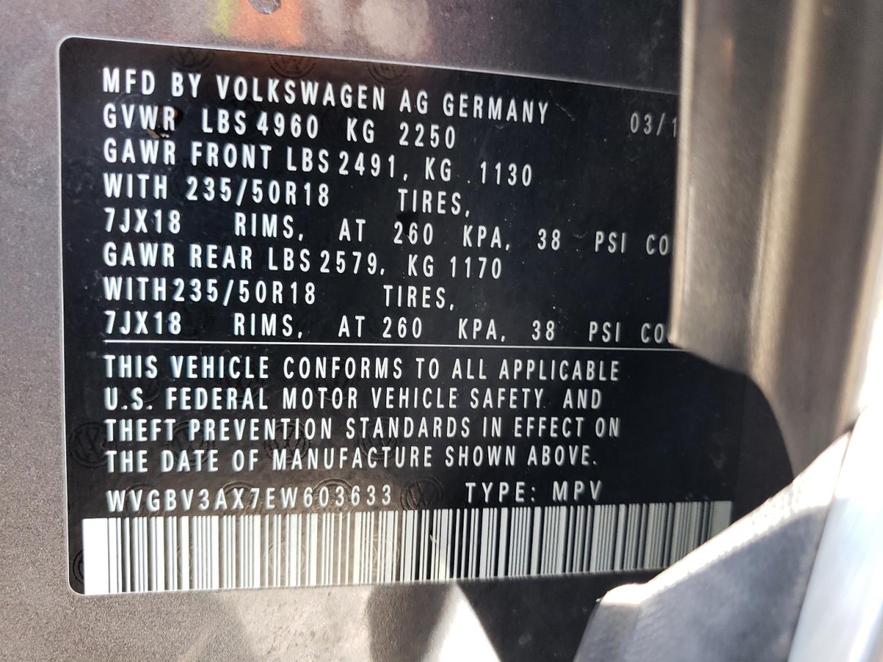 WVGBV3AX7EW603633 2014 Volkswagen Tiguan S