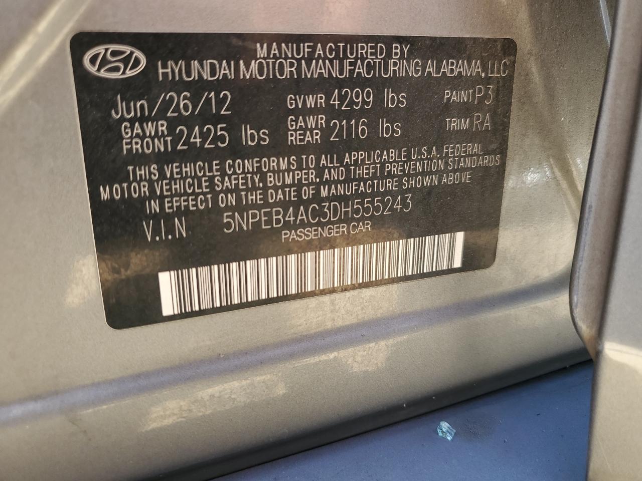 5NPEB4AC3DH555243 2013 Hyundai Sonata Gls