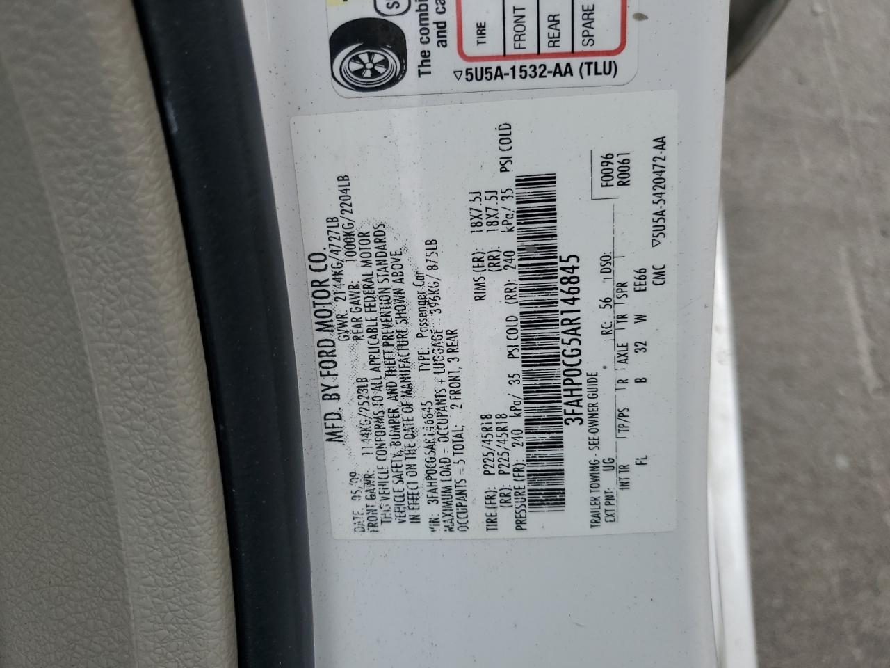 3FAHP0CG5AR146845 2010 Ford Fusion Sel