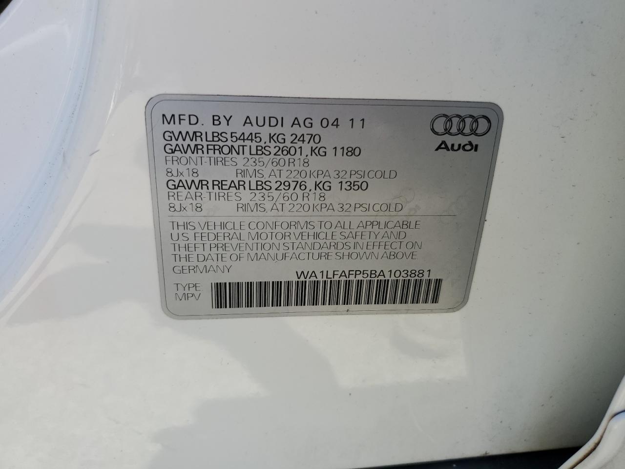 WA1LFAFP5BA103881 2011 Audi Q5 Premium Plus