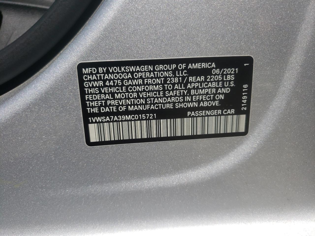 1VWSA7A39MC015721 2021 Volkswagen Passat Se