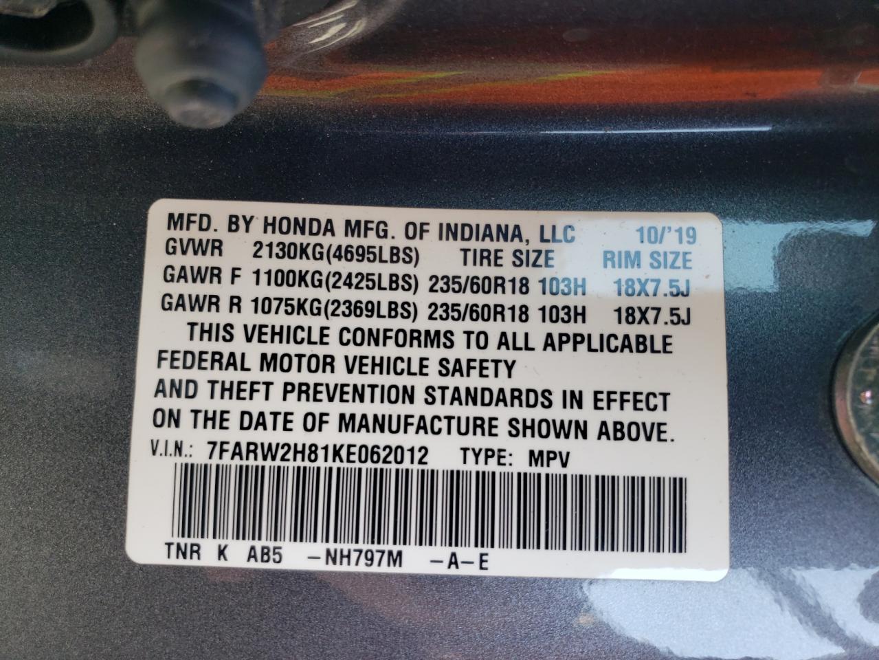 7FARW2H81KE062012 2019 Honda Cr-V Exl