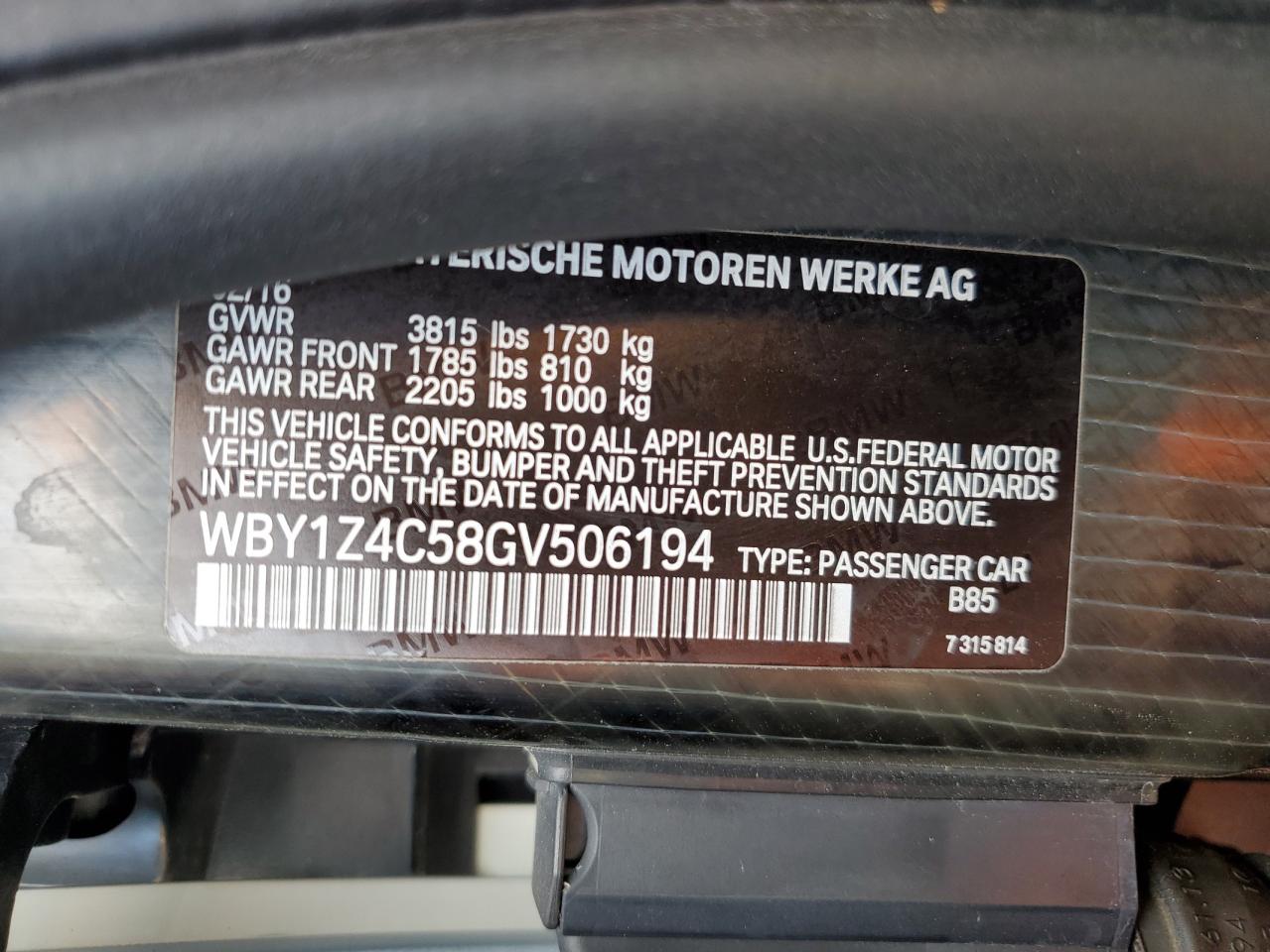 2016 BMW I3 Rex vin: WBY1Z4C58GV506194