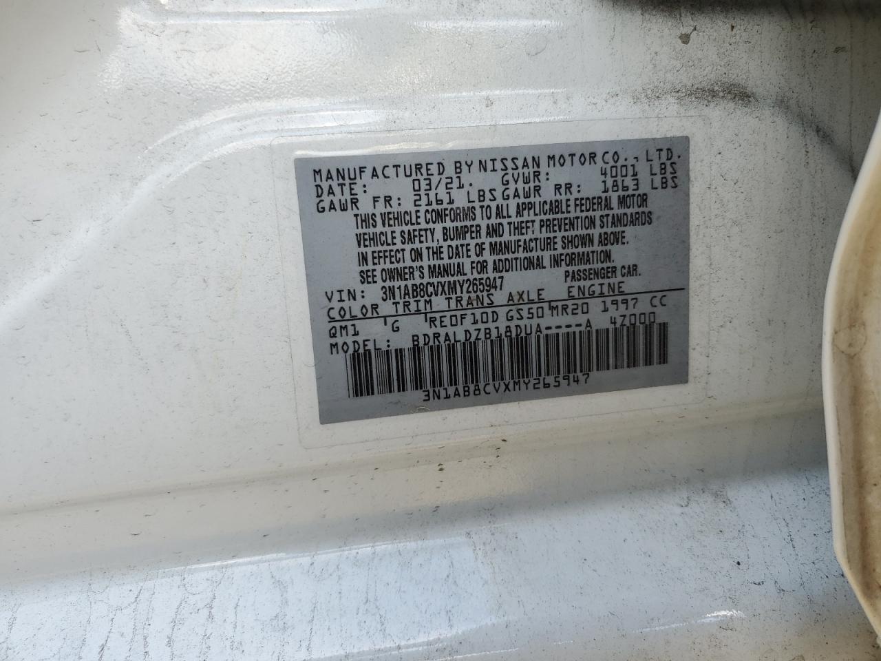 3N1AB8CVXMY265947 2021 Nissan Sentra Sv