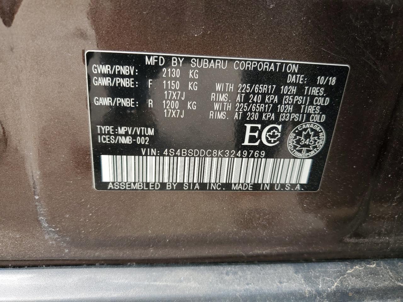 4S4BSDDC8K3249769 2019 Subaru Outback 2.5I Premium