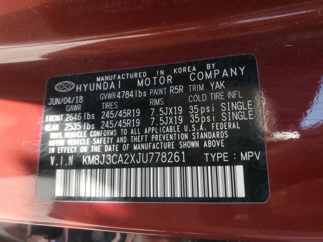 KM8J3CA2XJU778261 2018 Hyundai Tucson Value