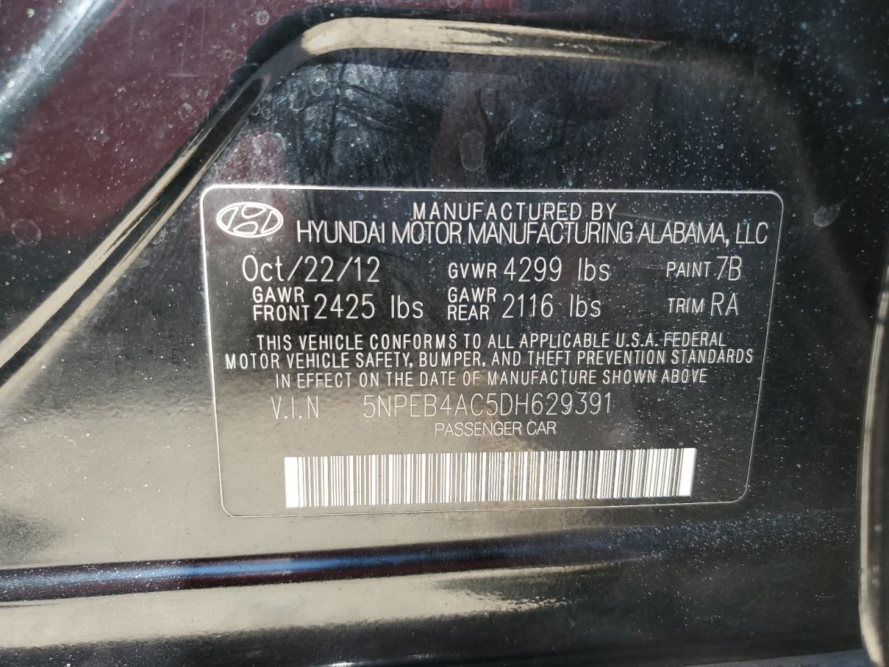 5NPEB4AC5DH629391 2013 Hyundai Sonata Gls